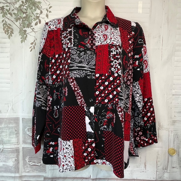 Drapers & Damons Womens Black Red White Patchwork Button LS Career Top Blouse 1X - Picture 1 of 15